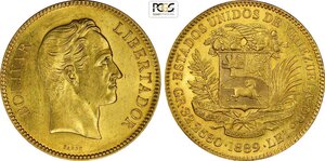 obverse: Venezuela, United States (1864-1953), 100 Bolivares 1889, Caracas Mint, Au 34,5 mm 32,26 g, di qualità inusuale per il tipo, in Slab PCGS MS61
				