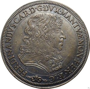 obverse: Mantova, Ferdinando Carlo Gonzaga/Nevers (1669-1707), Scudo 1676 in rame, Cu 44 mm 32,27 g. Non è stata chiarita l origine di questo tondello, da alcuni considerata una prova dello Scudo, per altri trattasi di una coniazione postuma. SPL
				