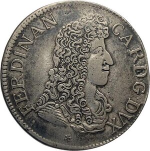 obverse: Mantova, Ferdinando Carlo Gonzaga/Nevers (1669-1707), Mezzo Scudo 1691, RRR MIR-734 Ag 33,5 mm 16,55 g, di rara apparizione sul mercato, BB
				