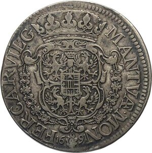 reverse: Mantova, Ferdinando Carlo Gonzaga/Nevers (1669-1707), Mezzo Scudo 1691, RRR MIR-734 Ag 33,5 mm 16,55 g, di rara apparizione sul mercato, BB
				