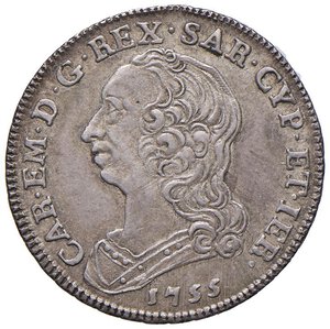 obverse: Carlo Emanuele III (1730-1773) Quarto di scudo 1755 - Nomisma 177 AG (g 8,79) Bella patina. SPL