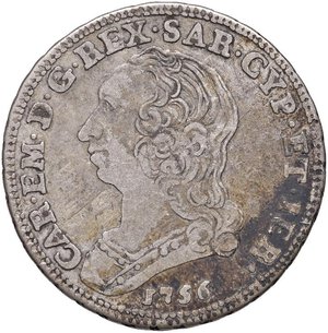 obverse: Carlo Emanuele III (1730-1773) Quarto di scudo 1756 - Nomisma 178 AG (g 8,55) Graffietti al D/. Modeste macchie. BB