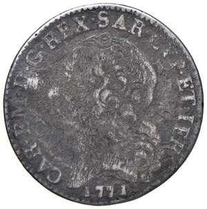 obverse: Carlo Emanuele III (1755-1773) Monetazione per la Sardegna - Quarto di scudo 1771 - Nomisma 251 AG (g 4,34) RR Colpo al R/, porosa. B