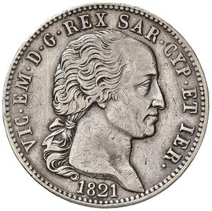 obverse: Vittorio Emanuele I (1814-1821) 5 Lire 1821 - Nomisma 520 AG RRR Colpetto al bordo, leggermente lucidato al D/. qBB