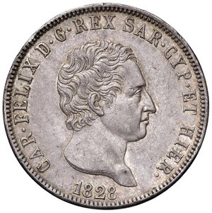 obverse: Carlo Felice (1821-1831) 5 Lire 1828 G - Nomisma 568 AG Colpi ripresi al bordo, minimi graffietti nei campi, comunque una bella patina. SPL