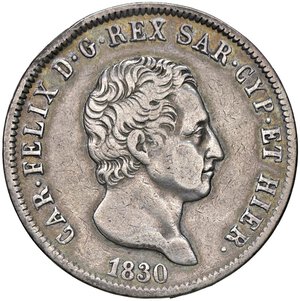 obverse: Carlo Felice (1821-1831) 5 Lire 1830 G - Nomisma 572 AG Piccola difetto di tondello sul taglio. Colpo al bordo. MB+