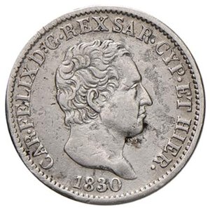 obverse: Carlo Felice (1821-1831) 50 Centesimi 1830 T (P) - Nomisma 609 AG RR Piccole screpolature, colpetto al bordo. BB