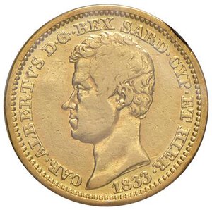 obverse: Carlo Alberto (1831-1849) 10 Lire 1833 G - Nomisma 667 AU RR Sigillato senza indicazione di conservazione da Angelo Bazzoni. MB+