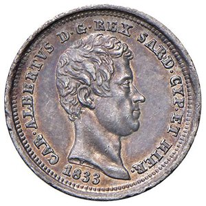 obverse: Carlo Alberto (1831-1849) 25 Centesimi 1833 T - Nomisma 737 AG R Bella patina iridescente intensa. SPL