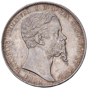 obverse: Vittorio Emanuele II (1849-1861) 5 Lire 1850 G - Nomisma 771 AG R Colpetti al bordo e fondi leggermente lucidati. BB+