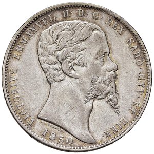 obverse: Vittorio Emanuele II (1849-1861) 5 Lire 1850 G - Nomisma 771 AG R Graffietti al D/ e minimi colpetti al bordo. BB+/qSPL