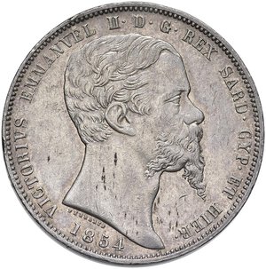 obverse: Vittorio Emanuele II (1849-1861) 5 Lire 1854 G - Nomisma 779 AG RR Macchiette e minimi graffietti al D/, piccola abrasione sullo stemma al R/, colpetti al bordo. BB+/qSPL