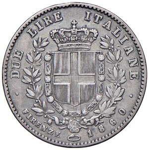 reverse: Vittorio Emanuele II re eletto (1859-1861) 2 Lire 1860 F - Nomisma 827 AG R Graffi sulla croce, graffio al D/. MB