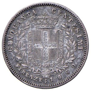 reverse: Vittorio Emanuele II re eletto (1859-1861) 50 Centesimi 1860 F - Nomisma 835 AG Con cartellino da vecchia raccolta. MB-BB