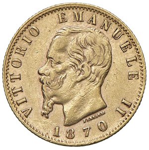 obverse: Vittorio Emanuele II (1861-1878) 20 Lire 1870 T - Nomisma 858 AU RR. qBB