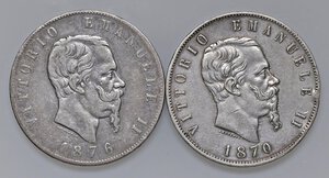 obverse: Vittorio Emanuele II (1861-1878) 5 Lire 1870 M e 1876 R - AG Lotto di due monete come da foto. Da esaminare. qBB-BB