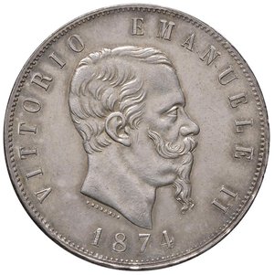 obverse: Vittorio Emanuele II (1861-1878) 5 Lire 1874 M - Nomisma 896 AG Graffio sulla guancia. FDC