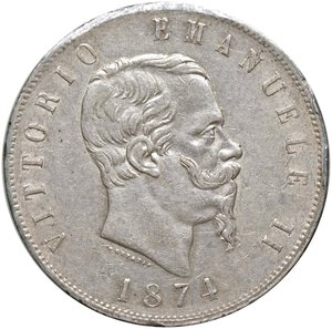 obverse: Vittorio Emanuele II (1861-1878) 5 Lire 1874 M - Nomisma 896 AG Sigillata BB+ da Marco Esposito. BB+