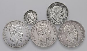 obverse: Lotto di tre scudi da 5 lire di Vittorio Emanuele II e due monete false della Somalia Italiana. Come da foto, da esaminare. MB-qBB