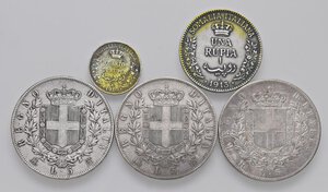 reverse: Lotto di tre scudi da 5 lire di Vittorio Emanuele II e due monete false della Somalia Italiana. Come da foto, da esaminare. MB-qBB