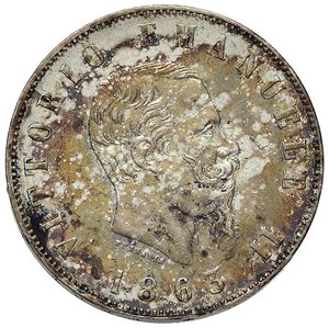 obverse: Vittorio Emanuele II (1861-1878) 2 Lire 1863 N stemma - Nomisma 905 AG Colpo al bordo, pesante patina ma di conservazione notevole. SPL+