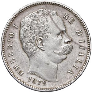 obverse: Umberto I (1878-1900) 5 Lire 1878 - Nomisma 992 AG RR Capelli e baffi fortemente ritoccati. qBB