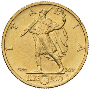 reverse: Vittorio Emanuele III (1900-1946) 100 Lire 1936 - Nomisma 1059 AU RRR Un minimo graffietto nel campo del R/. FDC