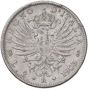 reverse: Vittorio Emanuele III (1900-1946) 2 Lire 1903 - Nomisma 1153 AG RRR Colpetti al bordo. BB