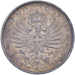 reverse: Vittorio Emanuele III (1900-1946) Lira 1906 - Nomisma 1196 AG Screpolatura al bordo, bella patina. qFDC