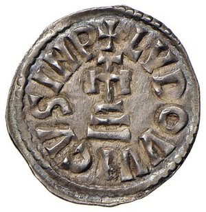 obverse: BENEVENTO Ludovico e Angilberga (870-871) Denaro - MIR 244; MEC 1116 AG (g 1,00) RR Bellissimo esemplare dalla patina iridescente. SPL+