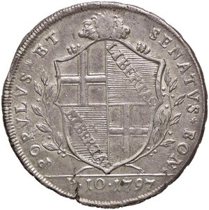 obverse: BOLOGNA Scudo da 10 Paoli 1797 - MIR 58/2 AG (g 29,11) Bella patina, frattura del tondello. BB+