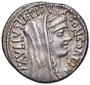 obverse: Aemilia - L. Aemilius Lepidus Paullus - Denario (62 a.C.) Testa della Concordia a d. -  R/ Lucio Emilio Paolo con Perseo ed i figli - B. 10; Cr. 415/1 AG (g 4,00). BB+