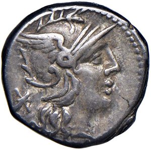 obverse: Caecilia - Q. Caecilius Metellus Diadematus - Denario (128 a.C.) Testa di Roma a d. - R/ Giove su quadriga a d., in esergo, testa di elefante e ROMA - B. 38; Cr. 262/1 AG (g 3,89). qBB