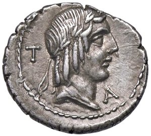 obverse: Calpurnia - L. Calpurnius Piso Frugi - Denario (90 a.C.)  Testa di Apollo a d. -  R/ Cavaliere al galoppo a d. con ramo di palma - B. 11; Cr. 340/1 AG (g 3,95). qSPL