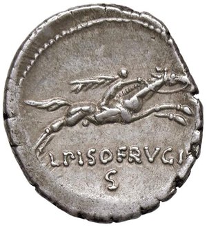 reverse: Calpurnia - L. Calpurnius Piso Frugi - Denario (90 a.C.)  Testa di Apollo a d. -  R/ Cavaliere al galoppo a d. con ramo di palma - B. 11; Cr. 340/1 AG (g 3,95). qSPL