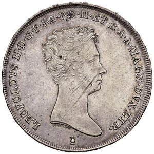 obverse: FIRENZE Leopoldo II (1824-1859) Francescone 1833 - MIR 448/1 (indicato R/4) AG (g 27,23) RRRR Striature di conio al D/. Il 1833 è il più raro tra i sei millesimi di questa tipologia dell’incisore PICHLER. Questo esemplare inoltre è molto interessante poiché presenta i bordi particolarmente rialzati. BB