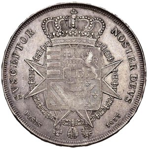 reverse: FIRENZE Leopoldo II (1824-1859) Francescone 1833 - MIR 448/1 (indicato R/4) AG (g 27,23) RRRR Striature di conio al D/. Il 1833 è il più raro tra i sei millesimi di questa tipologia dell’incisore PICHLER. Questo esemplare inoltre è molto interessante poiché presenta i bordi particolarmente rialzati. BB