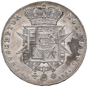 reverse: FIRENZE Leopoldo II (1824-1859) Mezzo francescone 1834 - MIR 451 AG (g 13,65) RRR Minimi graffietti sulla guancia al D/ e macchia al R/. qSPL/SPL