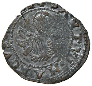 obverse: FRINCO Anonime consortili (1581-1601) Contraffazione del sesino di Venezia - cfr. MIR 643 CU (g 1,37) Frattura del tondello ma bellissimo esemplare per questa tipologia dove vi sono moltissime varianti ancora da studiare. Attribuiamo questo esemplare alla zecca di Frinco per lo stile e per la versione SANTVS al posto di SANCTVS che si trova sempre sulle monete originali veneziane.. qSPL