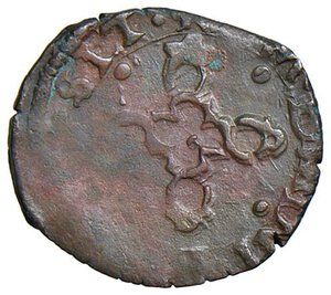 reverse: FRINCO Ercole e Claudio Mazzetti (1581-1584) Contraffazione del liard - MIR 652 CU (g 0,84). BB+