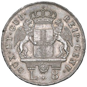 obverse: GENOVA Dogi biennali (1528-1797) 8 Lire 1796 stella dopo la data - MIR 309/5 AG (g 33,00) Lievi hairlines al R/. BB-SPL