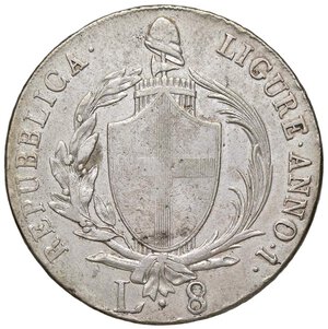 obverse: GENOVA Repubblica Ligure (1798-1805) 8 Lire 1798 A. I - MIR 379/1 AG (g 29,76) Peso calante, traccia da montatura. Da studiare. qBB