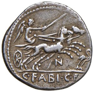 reverse: Fabia - C. Fabius C. f. Hadrianus - Denario (102 a.C.) Testa velata di Cibele a d., dietro, EX A PV -  R/ La Vittoria su biga a d. - Cr. 322/1b AG (g 3,99). qBB