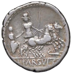 reverse: Farsuleia - L. Farsuleius Mensor - Denario (75 a.C.) Busto della Libertà a d., dietro, SC e cappello frigio - R/ Roma su biga accoglie un personaggio - B. 2; Cr. 392/1b AG (g 3,81). BB