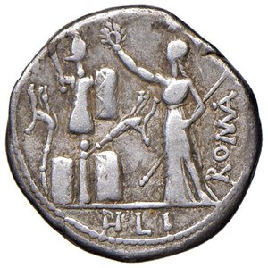 reverse: Furia - M. Furius L. f. Philus - Denario (119 a.C.) Testa di Giano -  R/ Roma stante a s. incorona un trofeo - B. 18; Cr. 281/1 AG (g 3,81). qBB