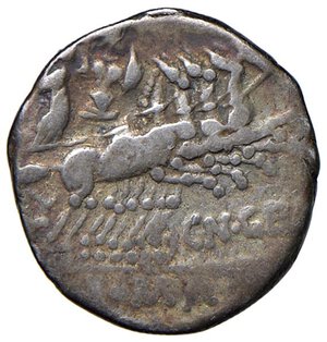 reverse: Gellia - Cn. Gellius - Denario (138 a.C.) Testa di Roma a d. in corona d’alloro -  R/ Marte su quadriga a d. - B. 1; Cr. 232/1 AG (g 3,83) Graffi al D/, bella patina iridescente. qBB