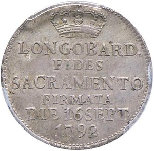 reverse: MILANO Francesco II (1792-1796) Medaglia 1792 del Giuramento - AG (Ø 21 mm) In slab PCGS MS 63 517186.63/33214469. Minimi graffietti di conio al D/ ma splendido esemplare con delicata patina. MS 63