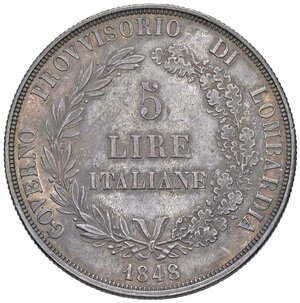 reverse: MILANO Governo provvisorio (1848) 5 Lire 1848 - Gig. 3 AG (g 24,99) Bella patina, segni da contatto. Ex asta Sincona 69, lotto 667. SPL