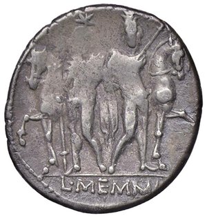 reverse: Memmia - L. Memmius - Denario (109-108 a.C.) Testa di Apollo a d. - R/ I Dioscuri stanti - B. 1; Cr. 304/1 AG (g 3,51) Graffi al D/. BB