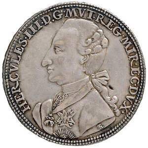 obverse: MODENA Ercole III (1780-1796) 3 Scudi 1782 - MIR 857/1 AG (g 27,59) Piccola mancanza di metallo nel D/ e nel R/, bella patina e ottimo esemplare. SPL